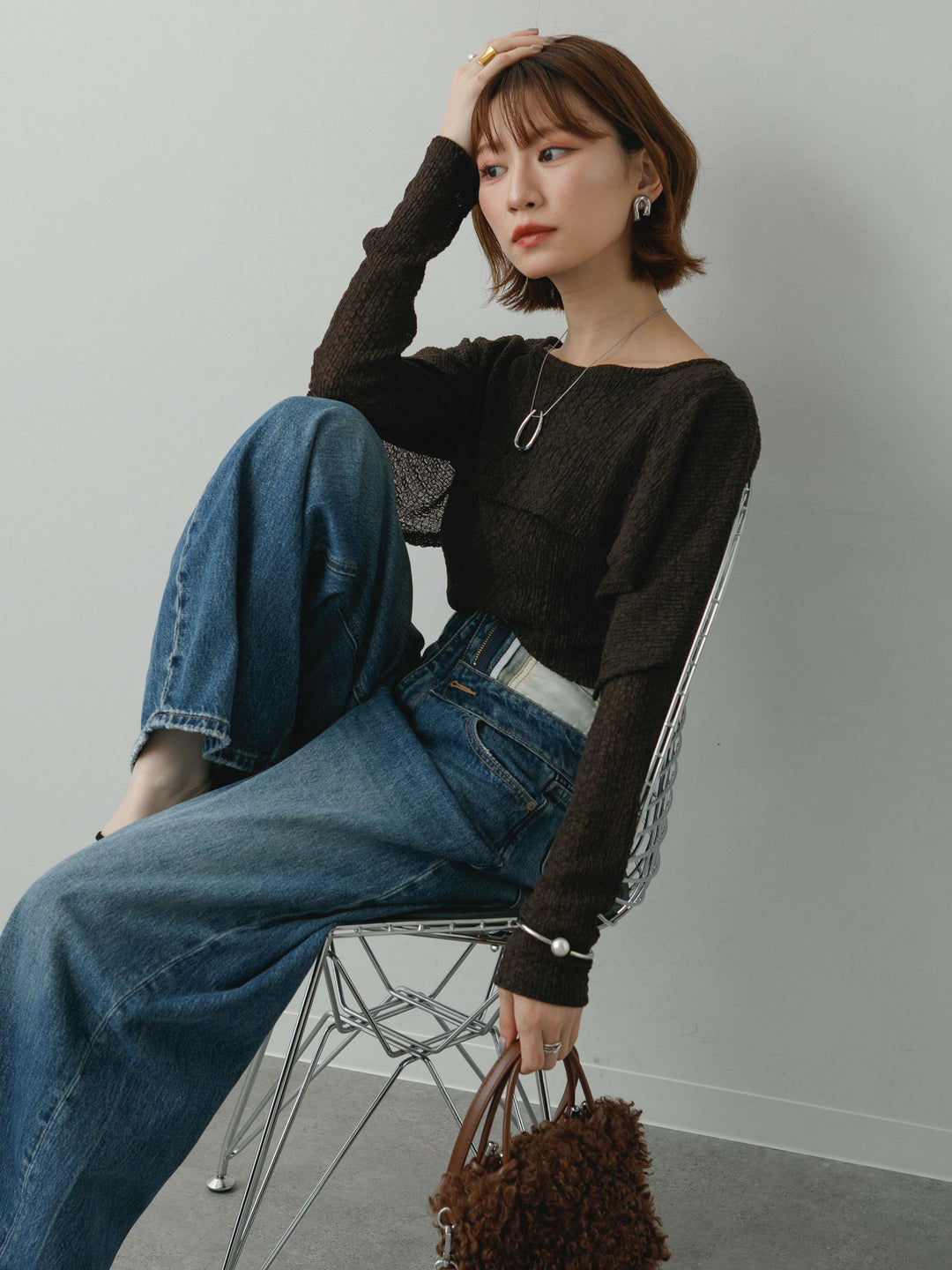 [予約]レースケープデザイントップス/brown