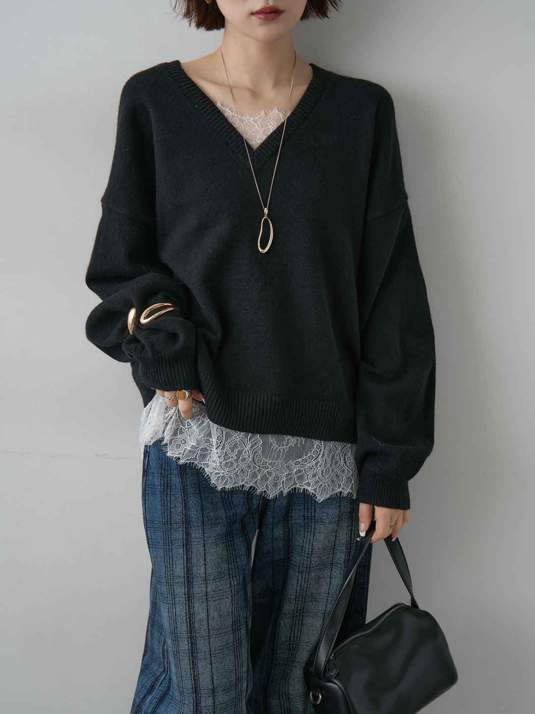 [SET]アルパカタッチレースドッキングVネックニットトップス+選べるアクセセット(2set)