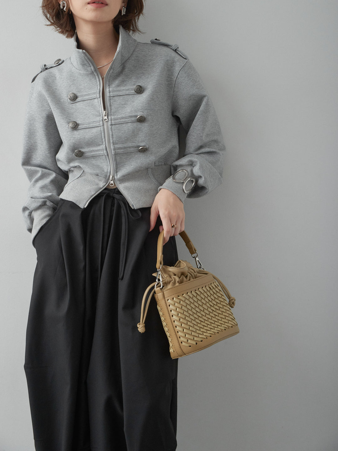 [SET]ナポレオンスウェットブルゾン+ベルトループカーブタックワイドパンツ(2set)