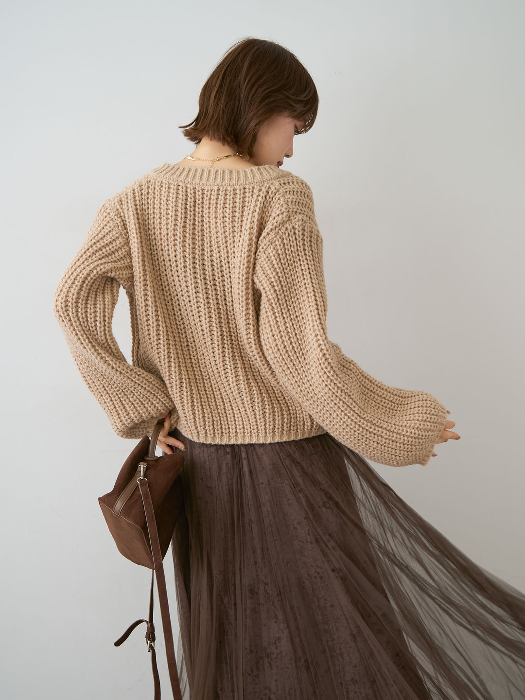 [予約]ビッグゴールドボタンリブニットカーディガン/beige