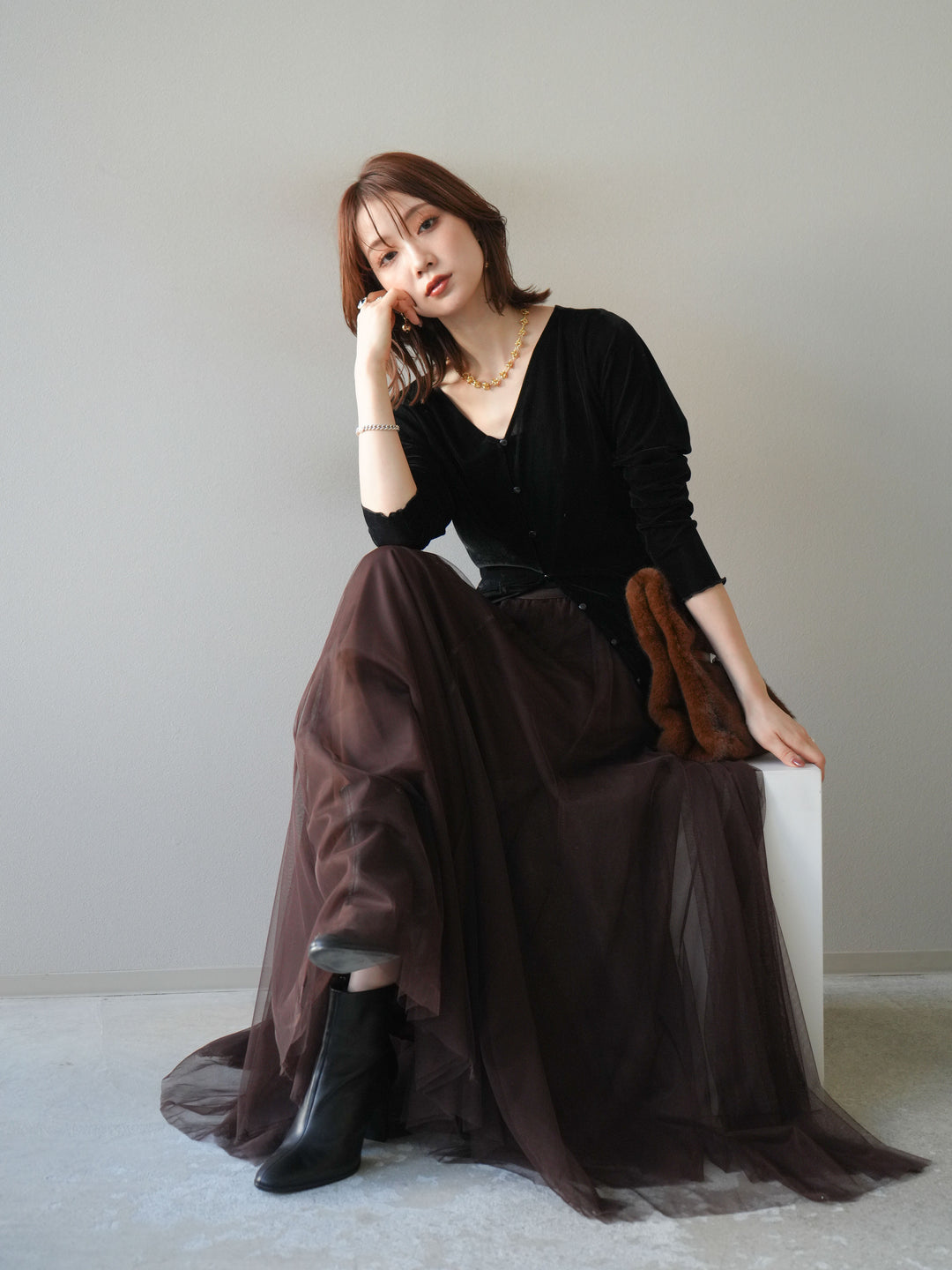 [予約]ベロアカーディガン/black