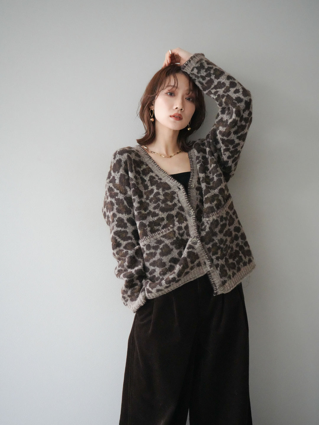 [予約]アニマル柄ステッチニットカーディガン/khaki