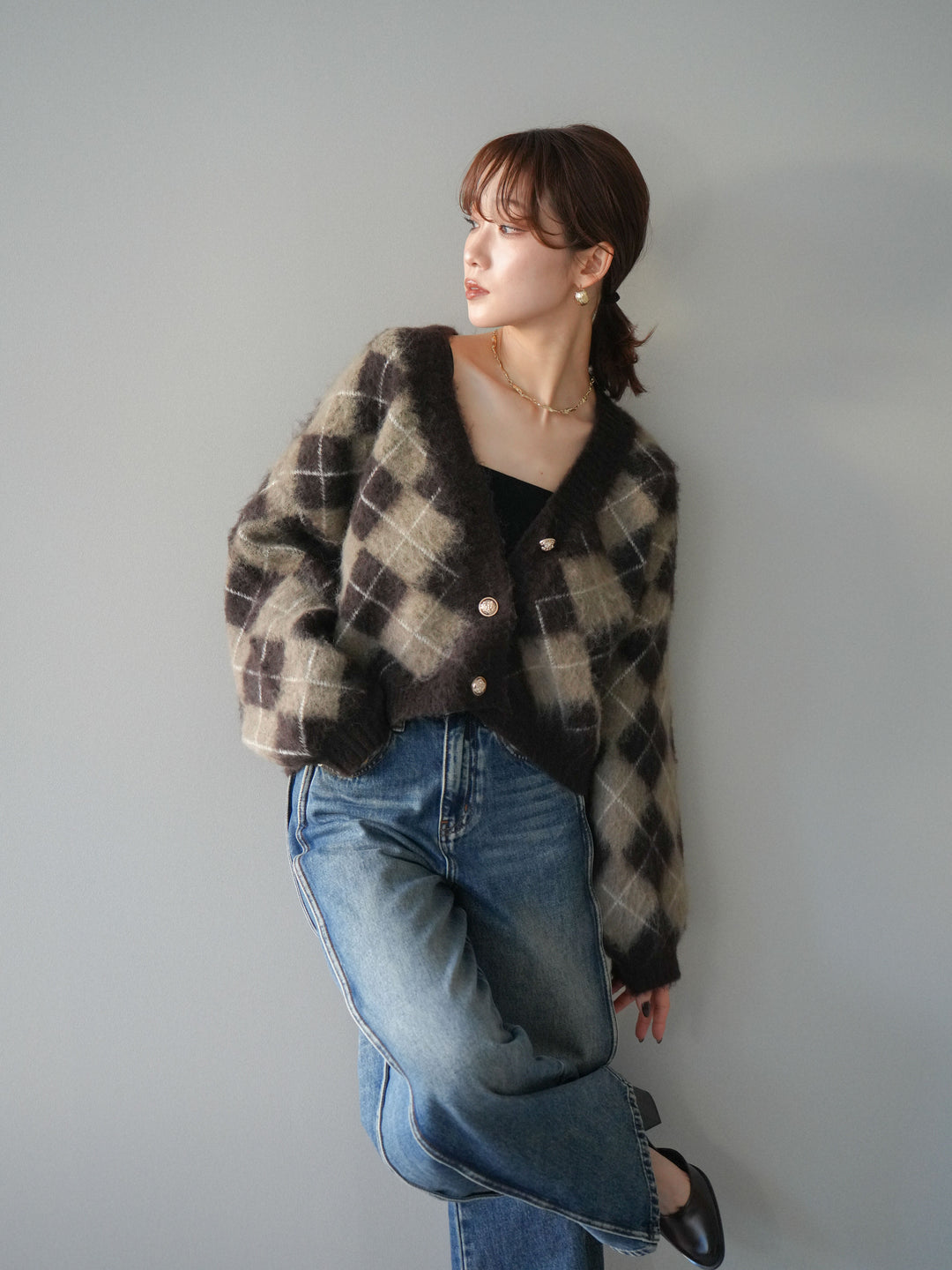 [予約]アーガイルシャギーニットカーディガン/brown