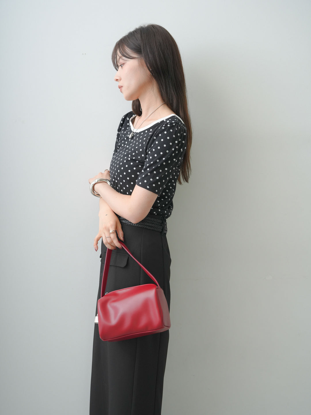 [SET]前後2wayドットバイカラーパイピングTEE+クレープデシンフラップ付きストレートスカート(2set)