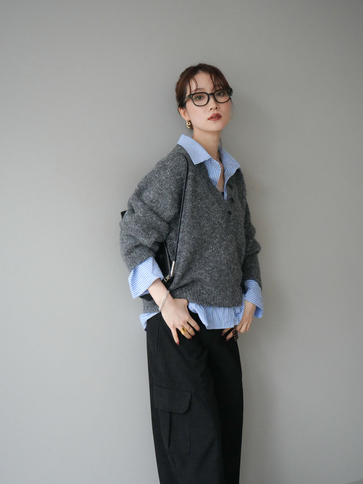 [予約]ストライプシャツドッキングMIXヤーンニットプルオーバー/charcoal