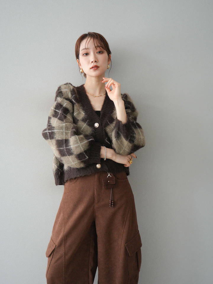 [予約]アーガイルシャギーニットカーディガン/brown