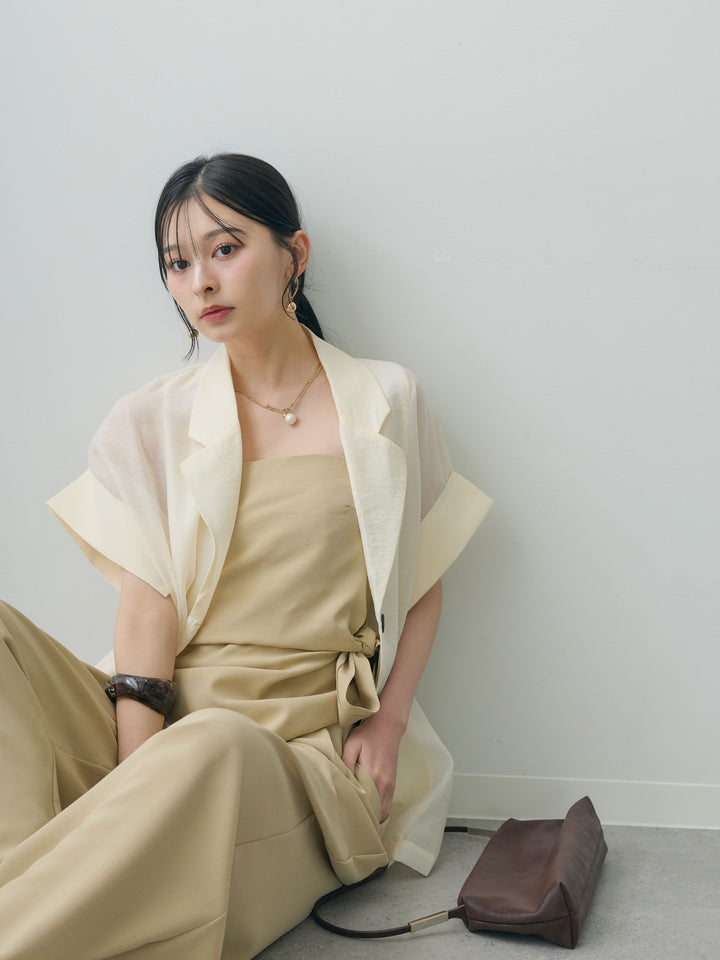 [SET]アシメサイドリボンベアトップス＆タックワイドストレートパンツSET UP(2SET)+シアーオーバー半袖ジャケット(2set)