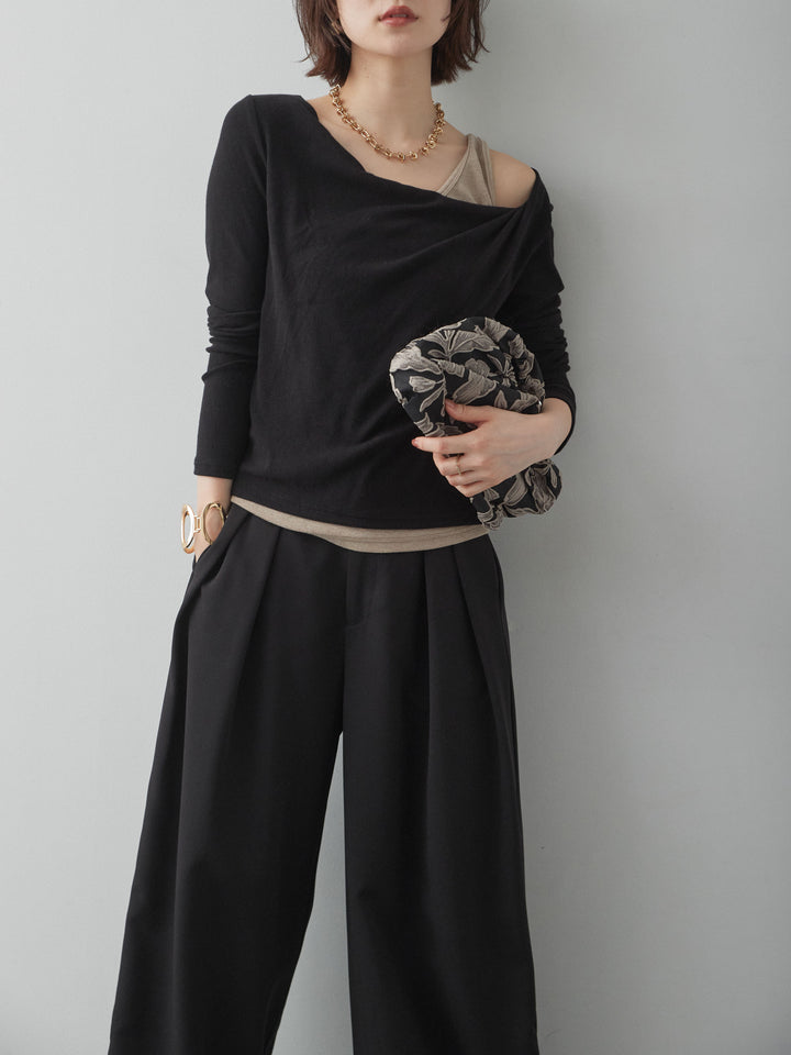 [予約]バイカラーアシメレイヤードデザイントップス/black