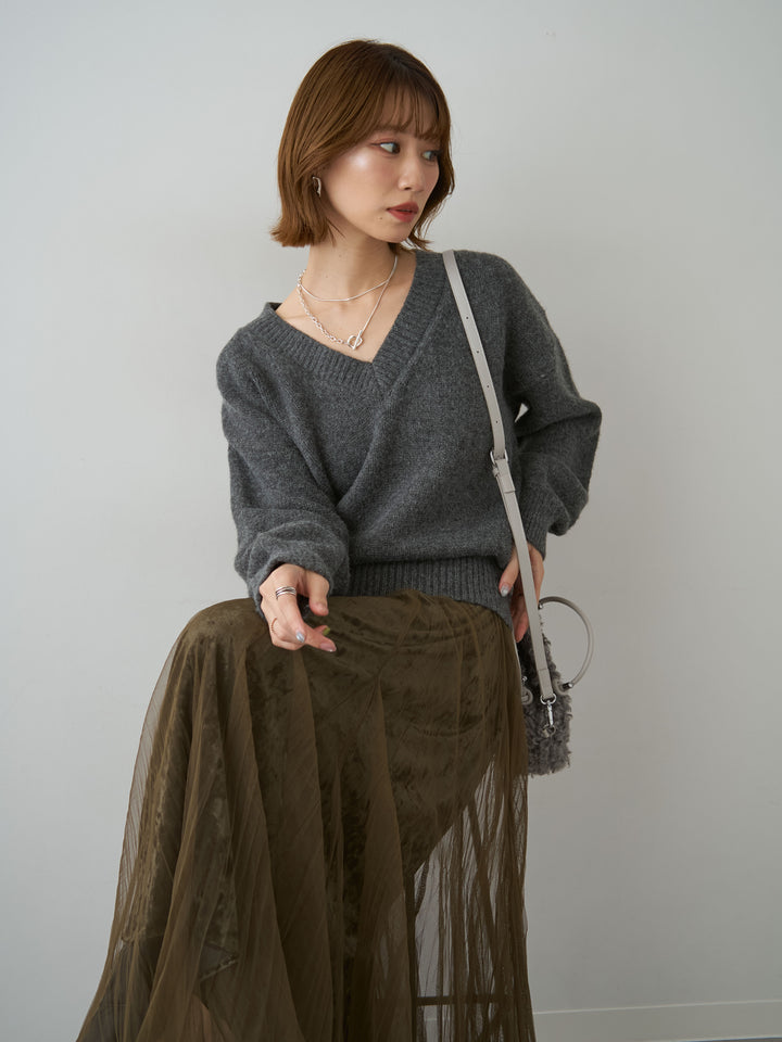 [SET]Vネックワイドショートニット+選べるアクセセット(2set)