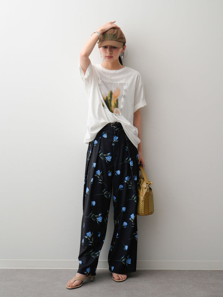 [SET]フラワーフォトTEE+フラワープリントドレープタックパンツ(2set)