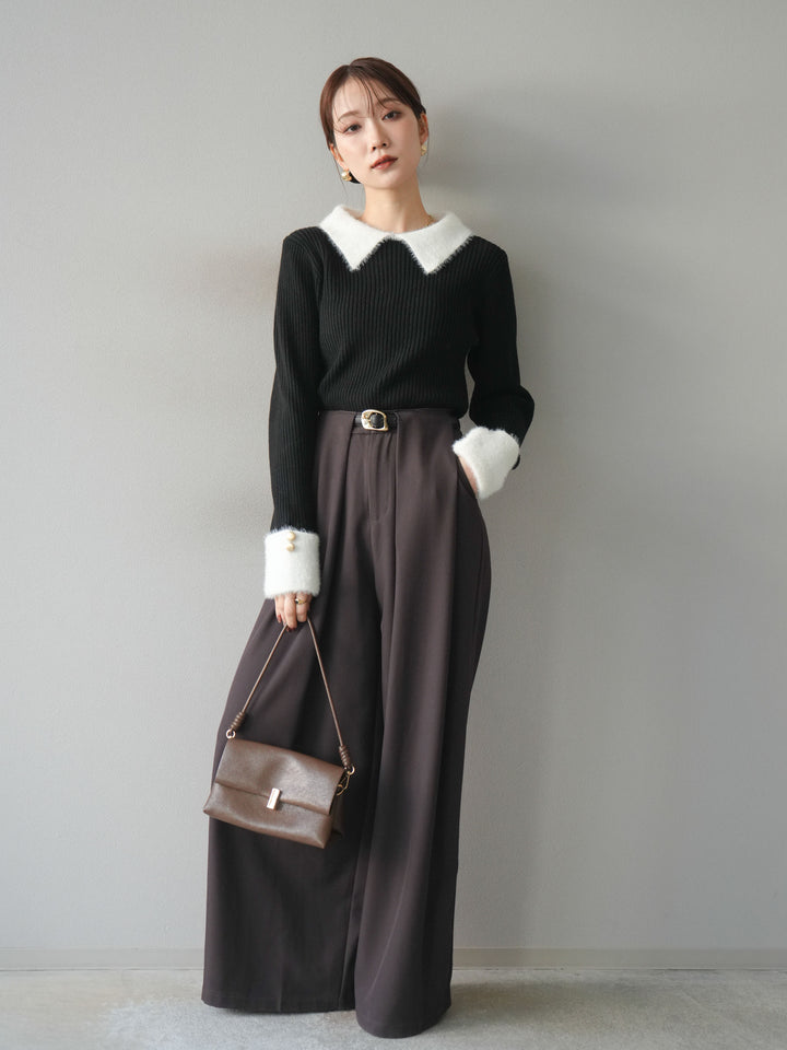 [SET]シャギー襟リブニットトップス+ベルトループデザインワイドパンツ(2set)