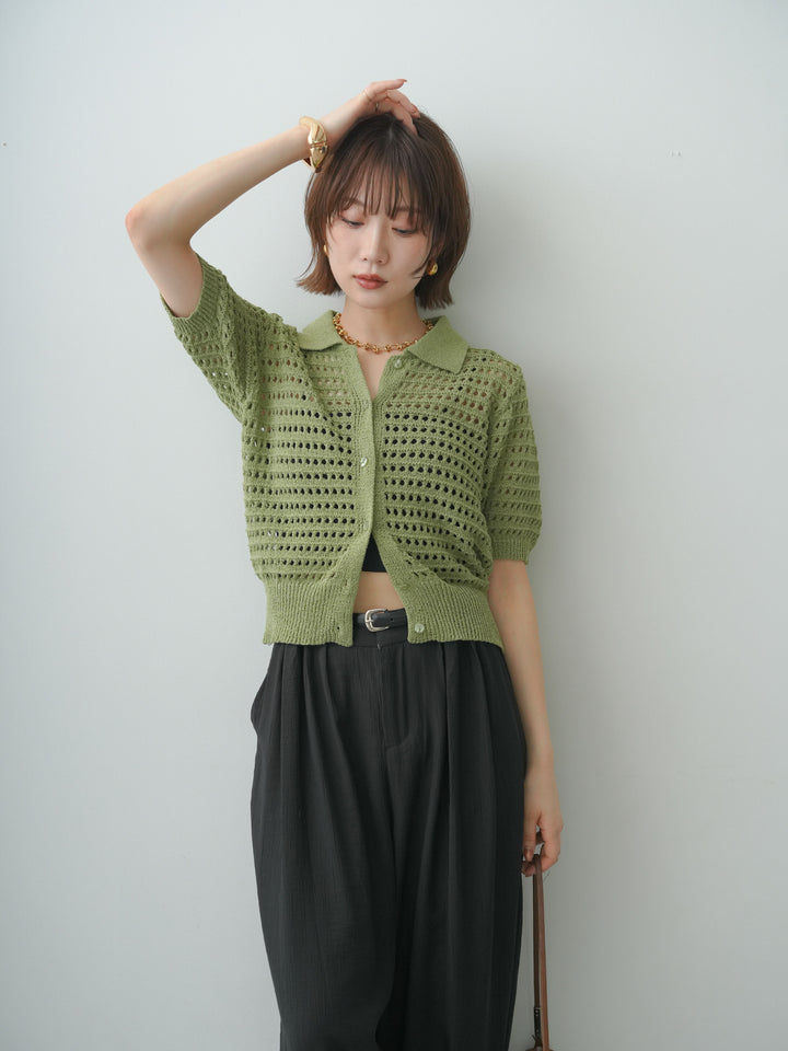 [SET]格子編み襟付きハーフニットカーディガン+選べるアクセセット(2set)