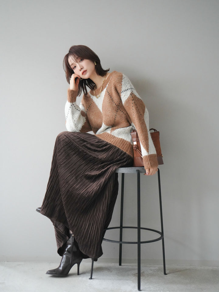 [予約]アーガイルオーバーニットプルオーバー/camel