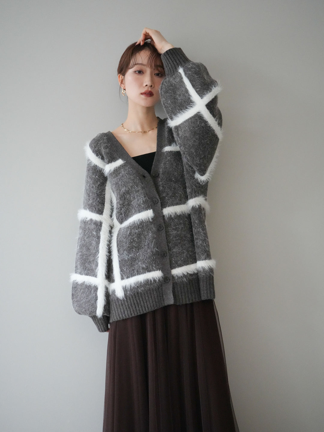 [予約]ミックスシャギーチェックカーディガン/brown