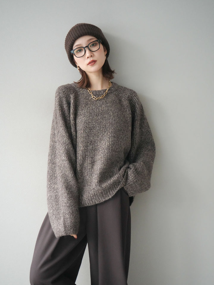 [予約]クルーネック畦編みミックスニット/brown