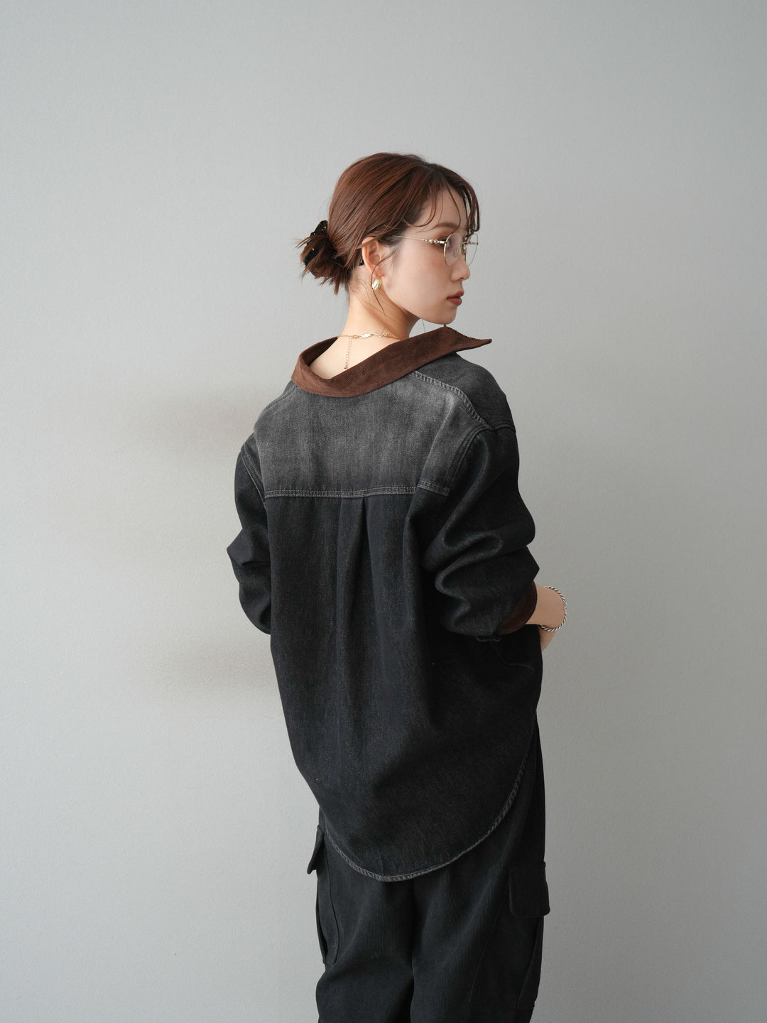 [予約]裏起毛コーデュロイ襟デニムシャツジャケット/black