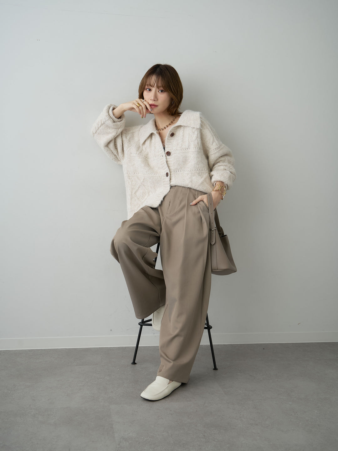 [予約]ビッグカラーケーブルシャギーカーディガン/beige