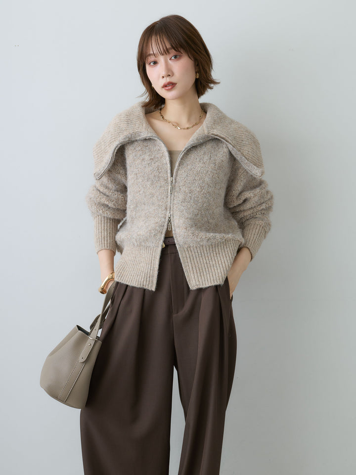 [SET]ビッグカラーシャギーニットブルゾン+ツイルタックワイドパンツ(2set)