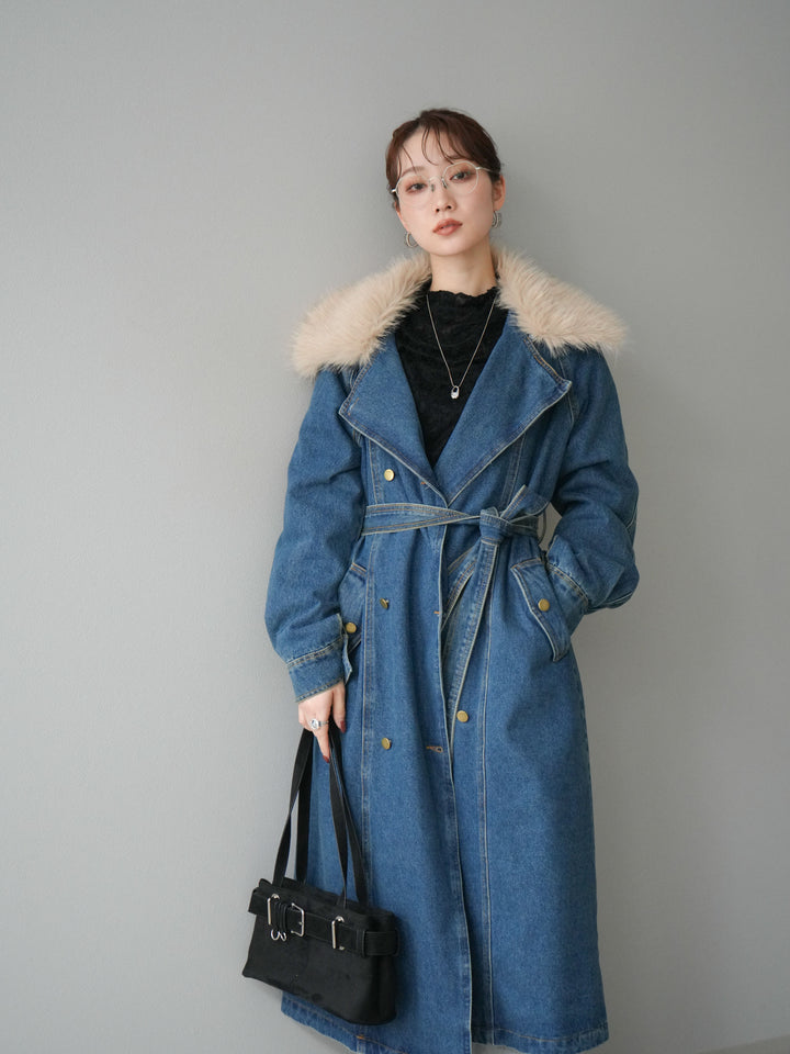 [予約]ファー襟デニムロングコート/blue