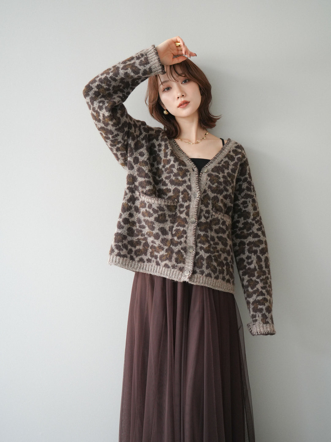 [予約]アニマル柄ステッチニットカーディガン/khaki