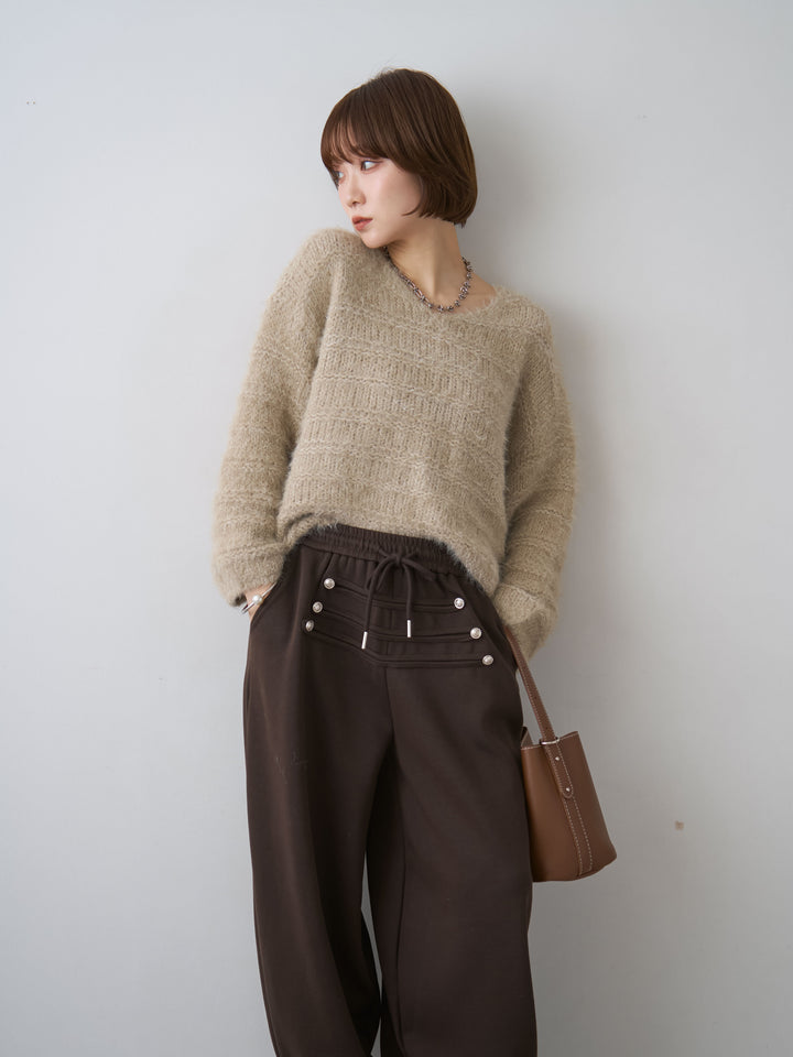 [予約]ボーダー編みラメニットトップス/brown