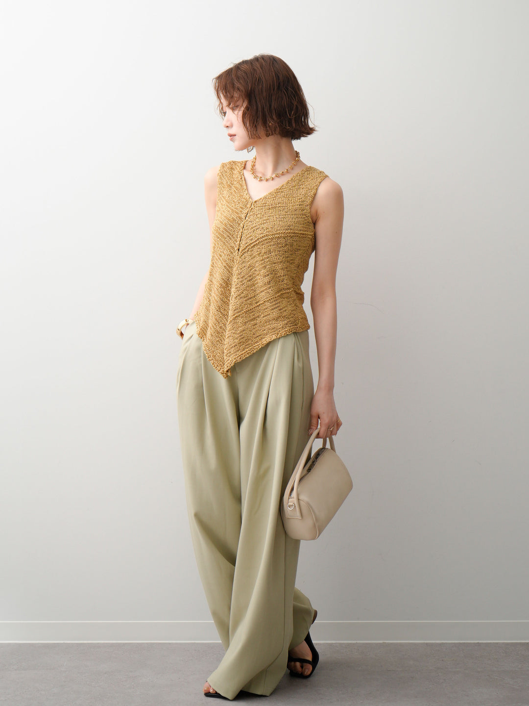 [SET]テープヤーンVネックニットトップス+アシンメトリーベルトタックワイドパンツ(2set)