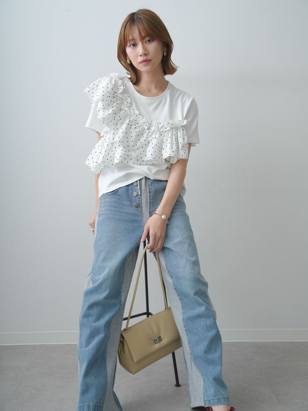 [SET]ドットギャザーフリルデザインTEE+デニム切替スウェットパンツ(2set)