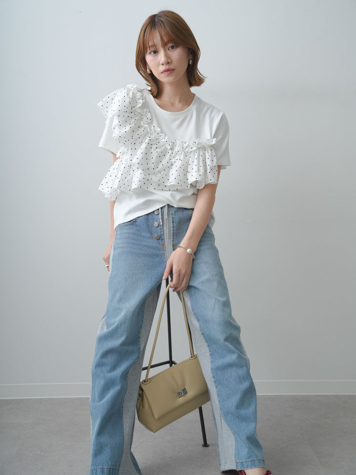 [SET]ドットギャザーフリルデザインTEE+デニム切替スウェットパンツ(2set)