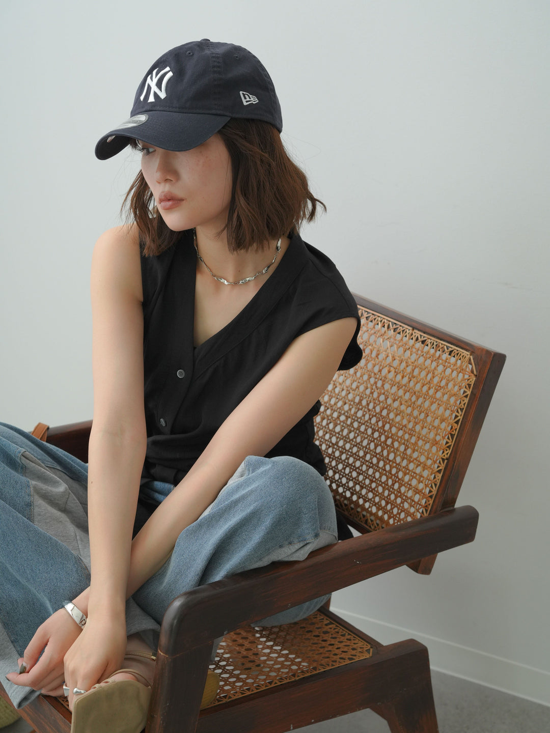 [SET]巻きデザインノースリブラウス+デニム切替スウェットパンツ(2set)