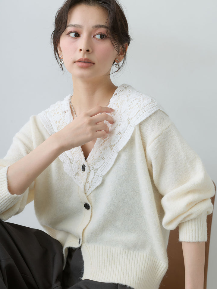 [SET]モヘアレースショールカラーカーディガン+ツイルタックワイドパンツ(2set)