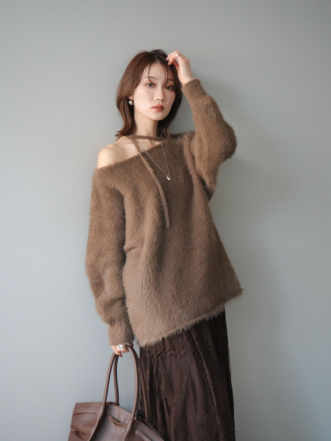 [予約]紐付きシャギーニットプルオーバー/camel