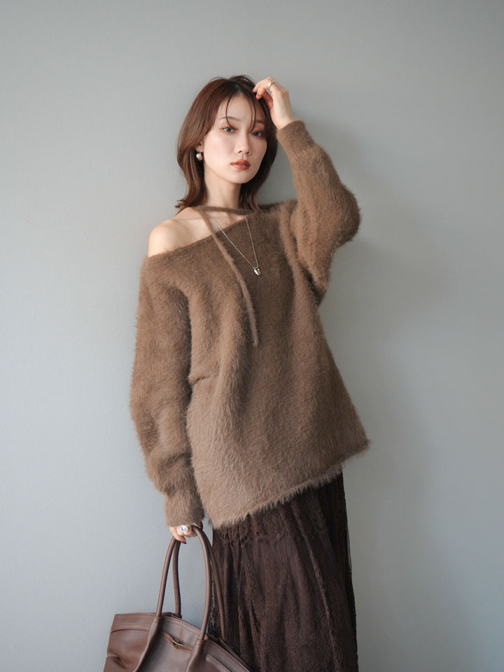 [予約]紐付きシャギーニットプルオーバー/camel