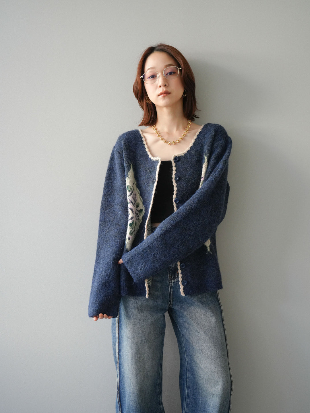 [予約]アンティークフラワージャガードニットカーディガン/navy