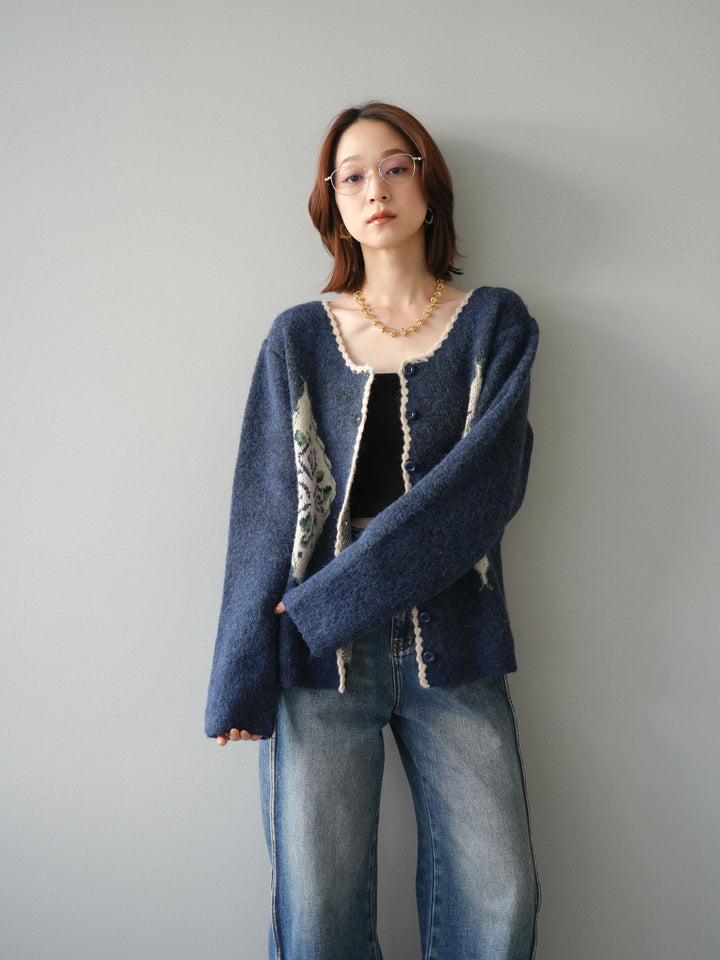 [予約]アンティークフラワージャガードニットカーディガン/navy