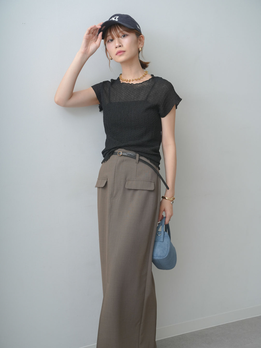 [SET]シャーリングシアーバックオープンフレンチトップス+クレープデシンフラップ付きストレートスカート(2set)