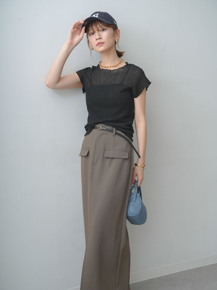 [SET]シャーリングシアーバックオープンフレンチトップス+クレープデシンフラップ付きストレートスカート(2set)