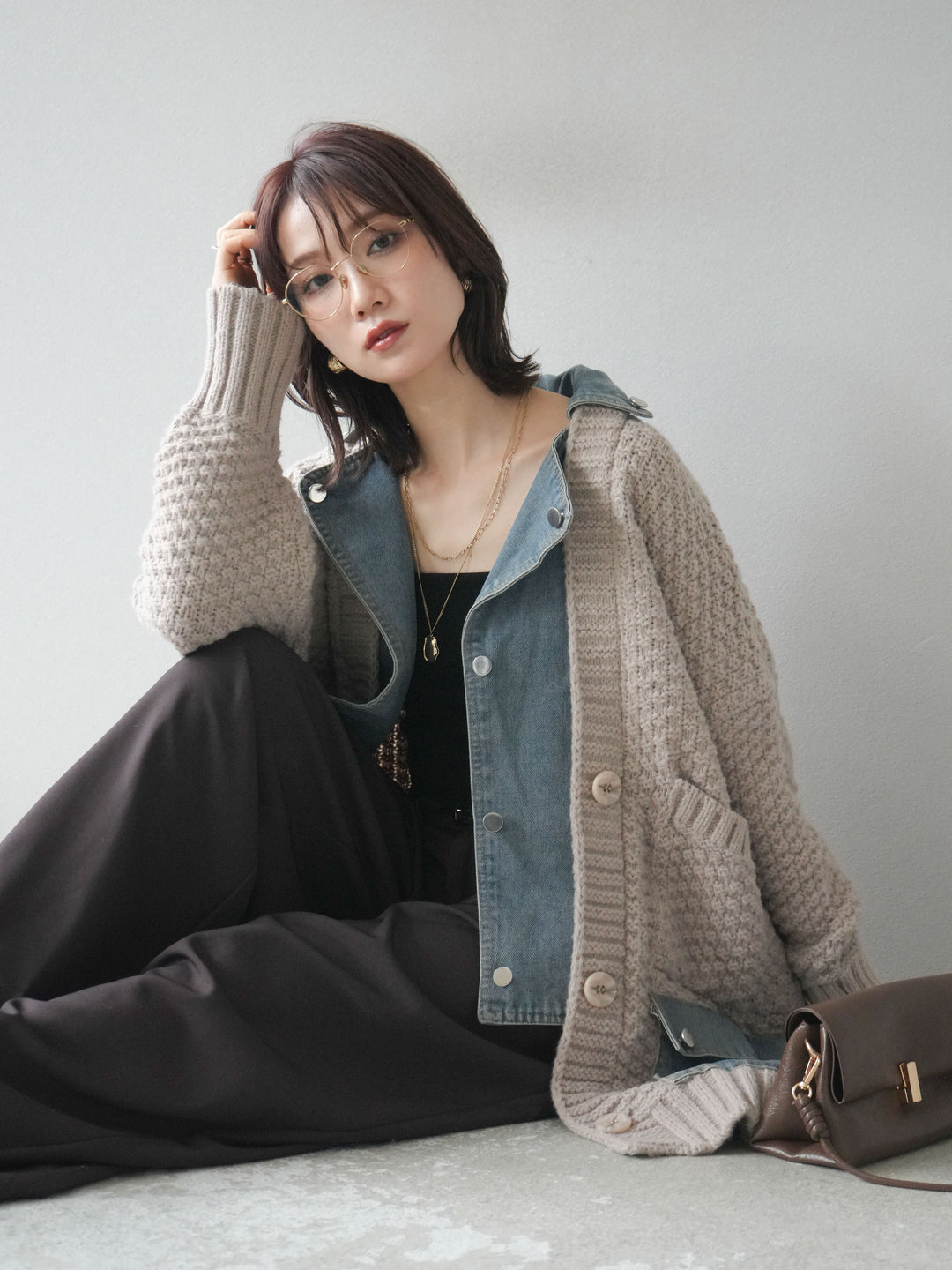 [SET]デニム襟レイヤードニットジャケット+デニム襟レイヤードニットジャケット(2set)