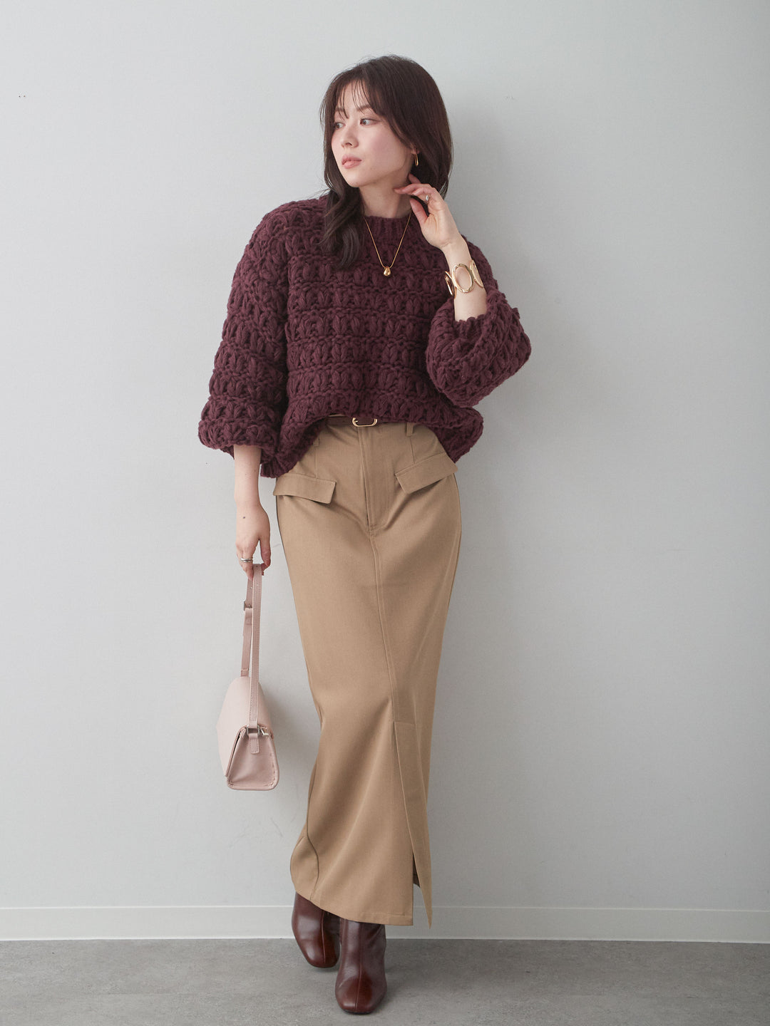 [SET]ループクロップニットトップス+クレープデシンフラップ付きストレートスカート(2set)