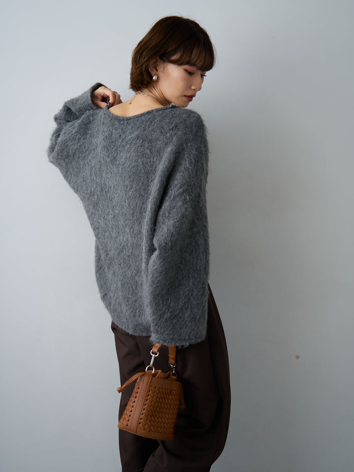 [予約]ボートネックシャギーオーバーニットトップス/darkgray