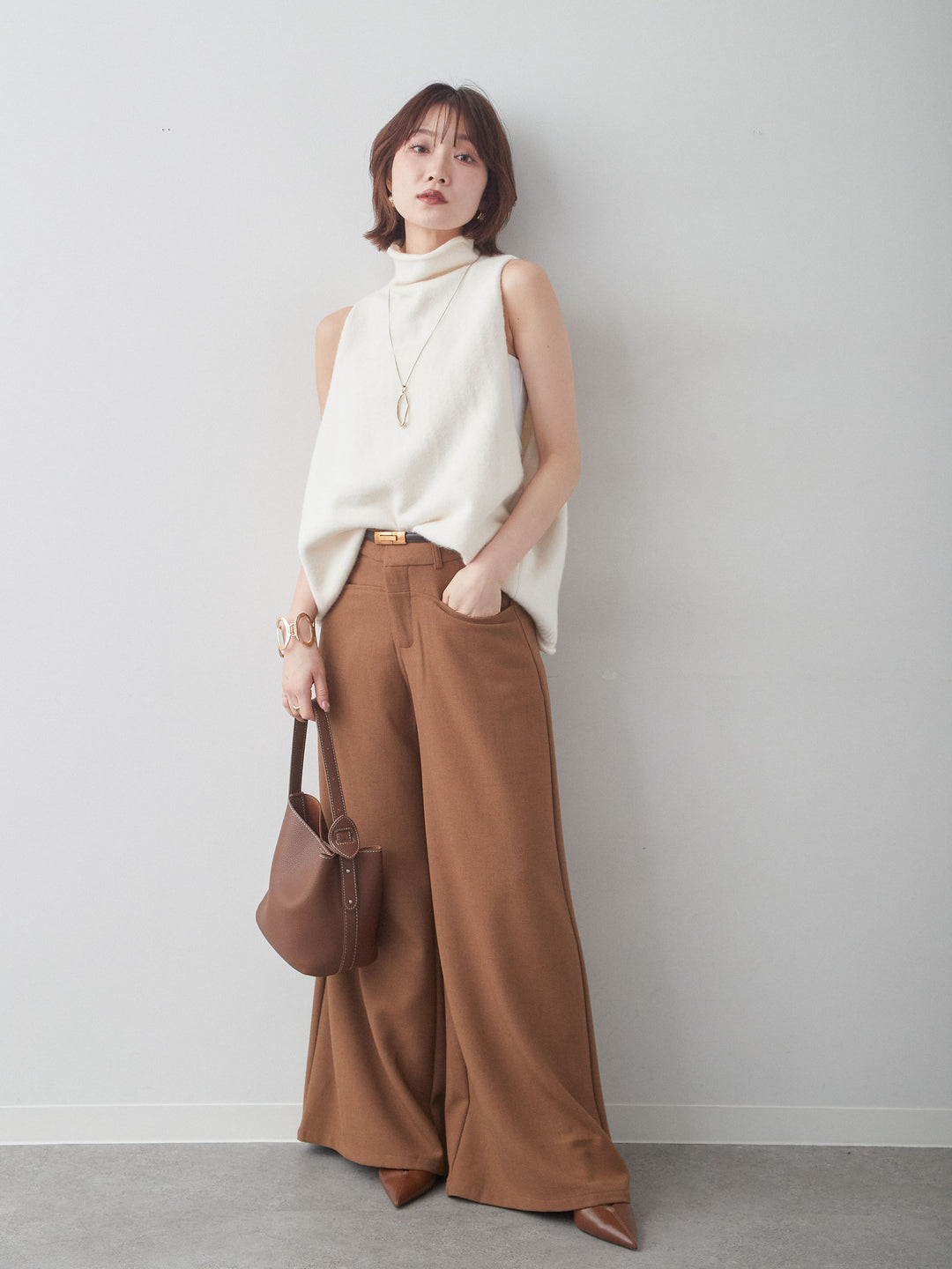 [SET]ハイネックアメスリワイドニットベスト+ベルト付ポケットデザインワイドストレートパンツ(2set)