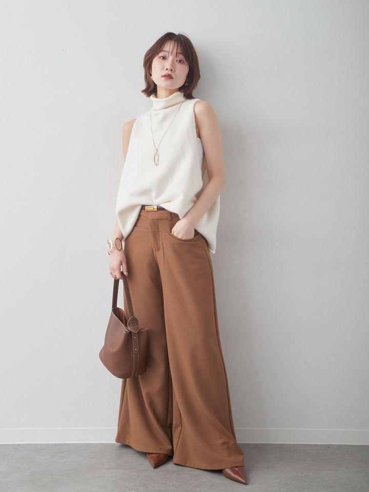 [SET]ハイネックアメスリワイドニットベスト+ベルト付ポケットデザインワイドストレートパンツ(2set)