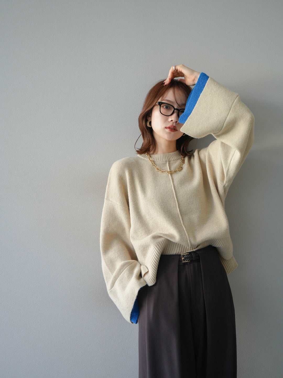 [予約]袖レイヤード配色ニットプルオーバー/ivory