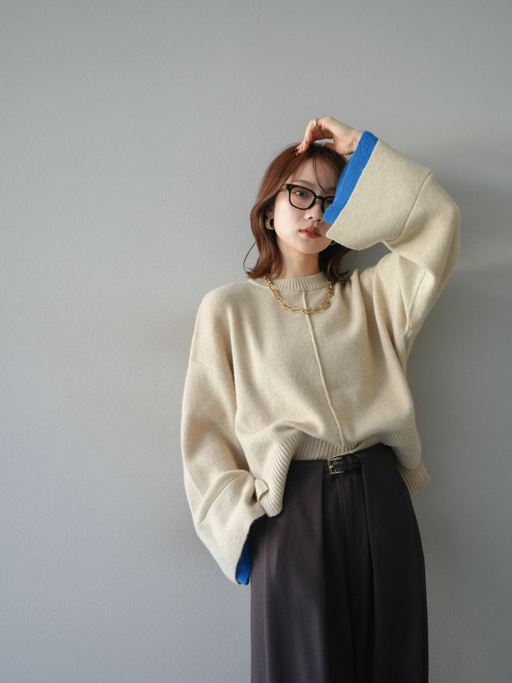 [予約]袖レイヤード配色ニットプルオーバー/ivory