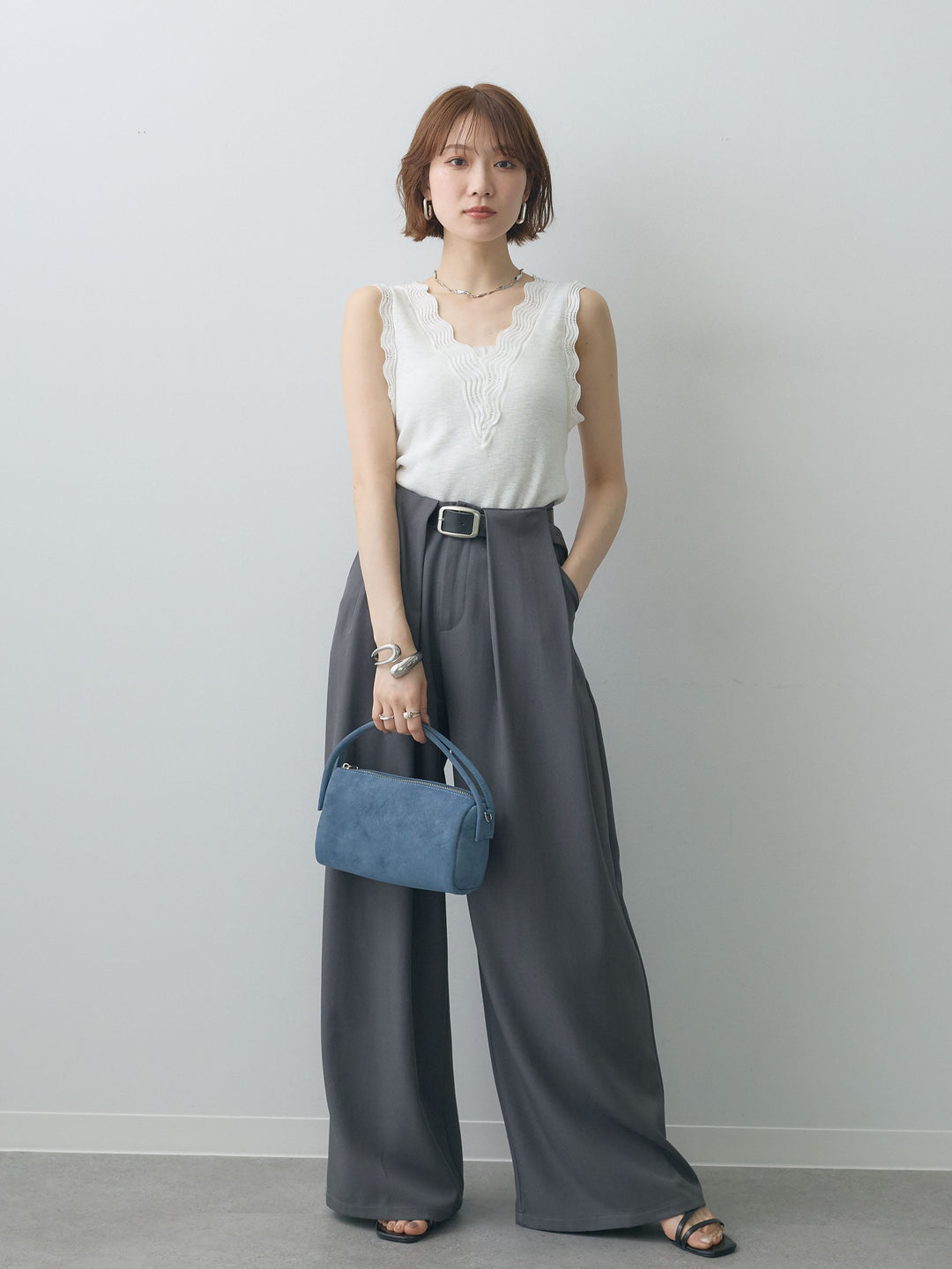 [SET]カーブデザインリブニットタンクトップ+ベルトループデザインワイドパンツ(2set)