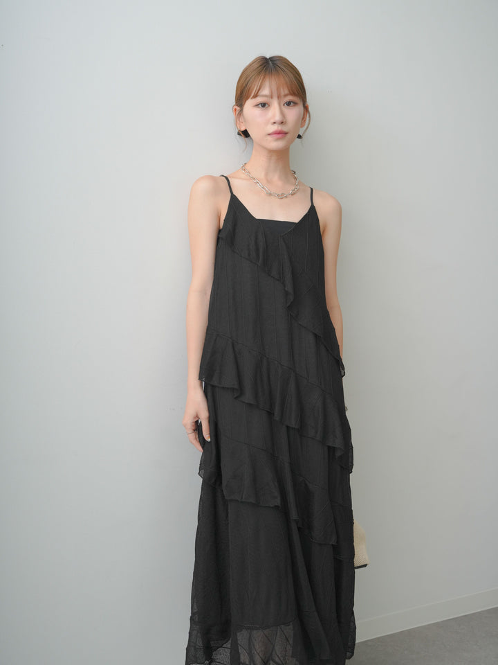 [予約]アシメティアードストライプシームキャミワンピース/black