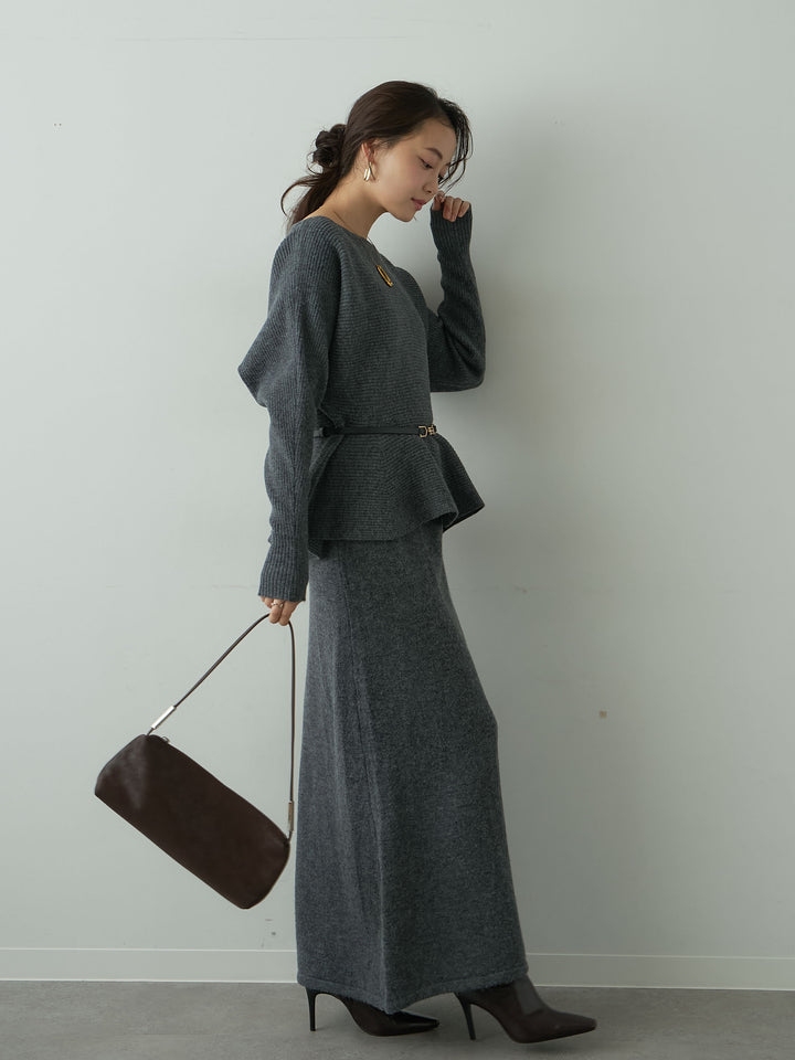 [SET]ベルト付ペプラムニットトップス＆ニットスカートSET UP(2SET)+選べるアクセセット(2set)