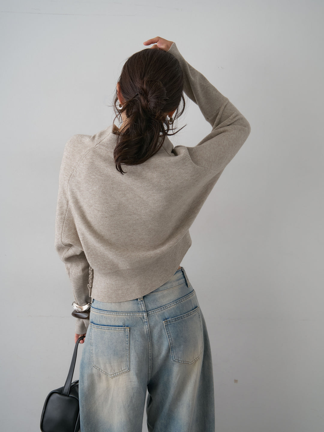 [予約]ハイネックサイドボタンギャザーニットトップス/beige