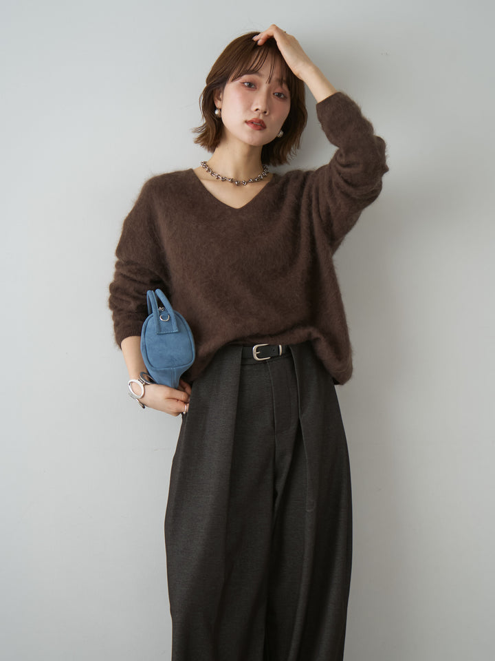 [SET]カシミア混フェザータッチVネックニットトップス+ニューベルトループワイドパンツ(2set)