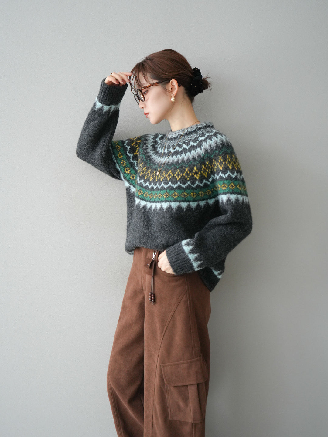 [予約]ウールタッチ求心柄オーバーニットプルオーバー/gray
