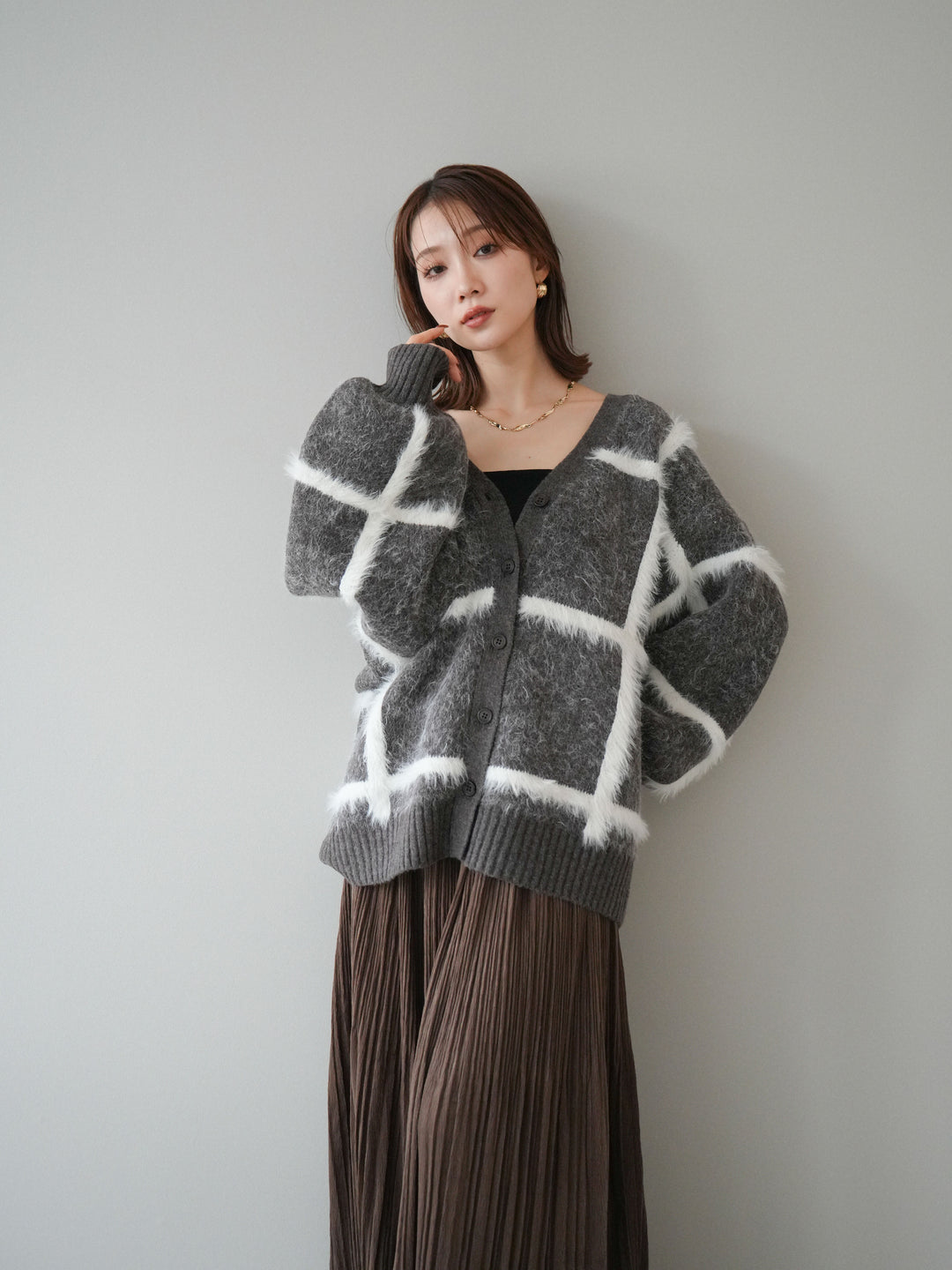 [予約]ミックスシャギーチェックカーディガン/brown